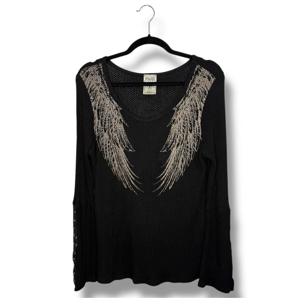 Vocal Apparel Women’s Large Angel Wings Waffle Knit Shirt Rhinestone Grunge Y2K - Picture 2 of 7